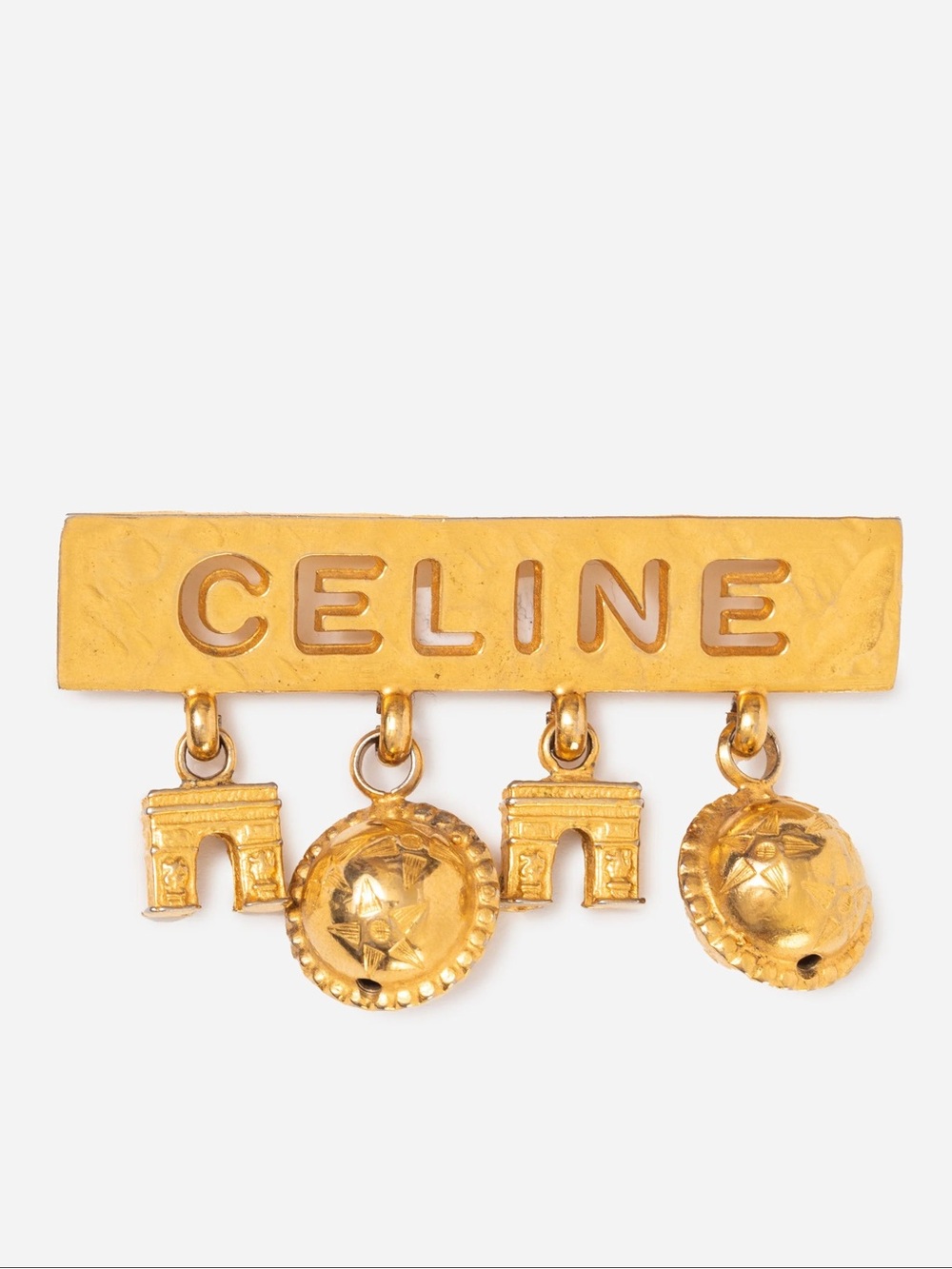 CELINE Vintage Gold Tone Paris Charm Logo Brooch